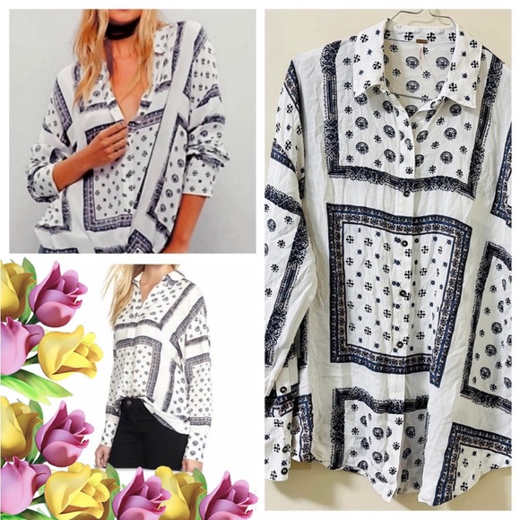 Free People Tops - Free People Voile Little Secrets Shirt in a white and blue bandana print size XS